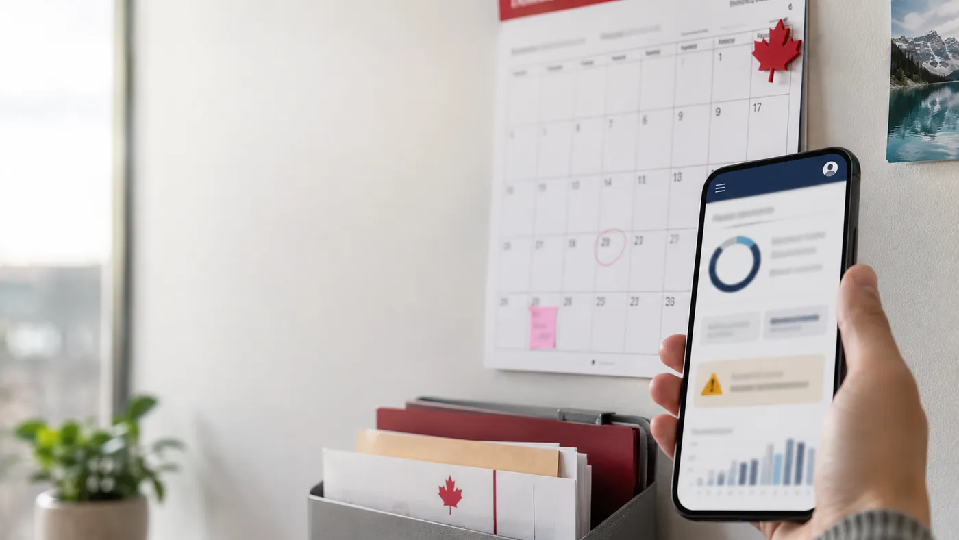 Canadian dividend planning calendar with finance app, portfolio folders, and maple leaf details