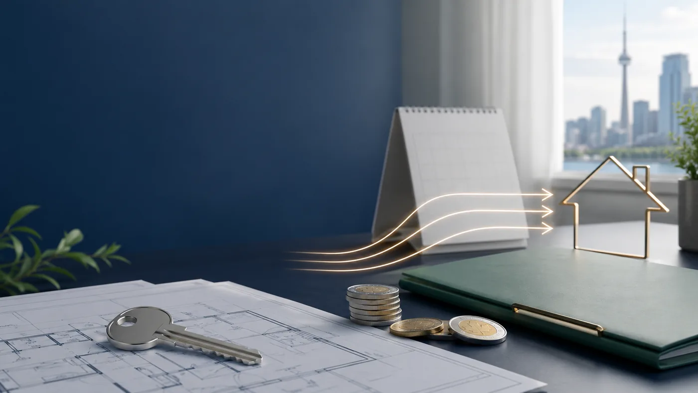 Canadian FHSA rules planning desk with home key, savings coins, transfer arrows, and Toronto skyline