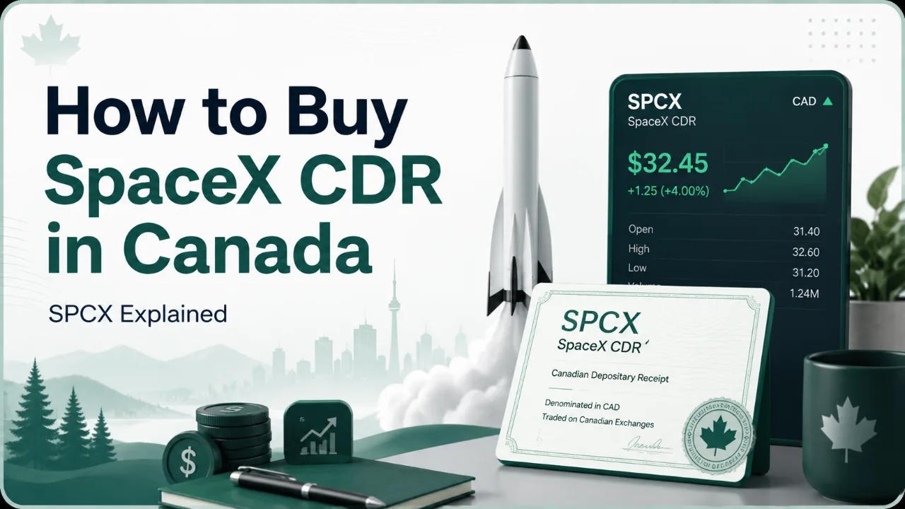 How to buy SpaceX CDR in Canada graphic showing SPCX Canadian Depositary Receipt, CAD quote screen, rocket launch, and Canadian investing context
