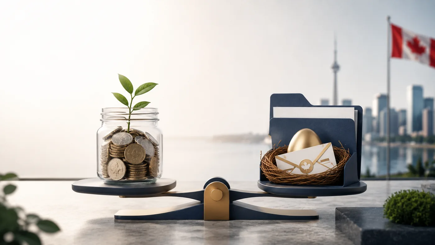 Canadian TFSA and RRSP planning scale with savings jar, retirement folder, and Toronto skyline
