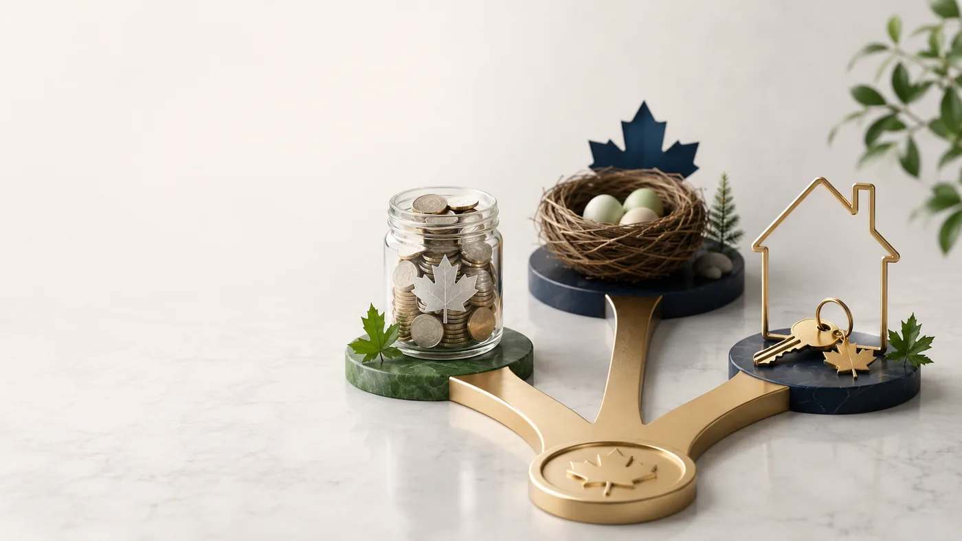 Canadian registered account planning scene with coins, nest egg, and home-buying keys