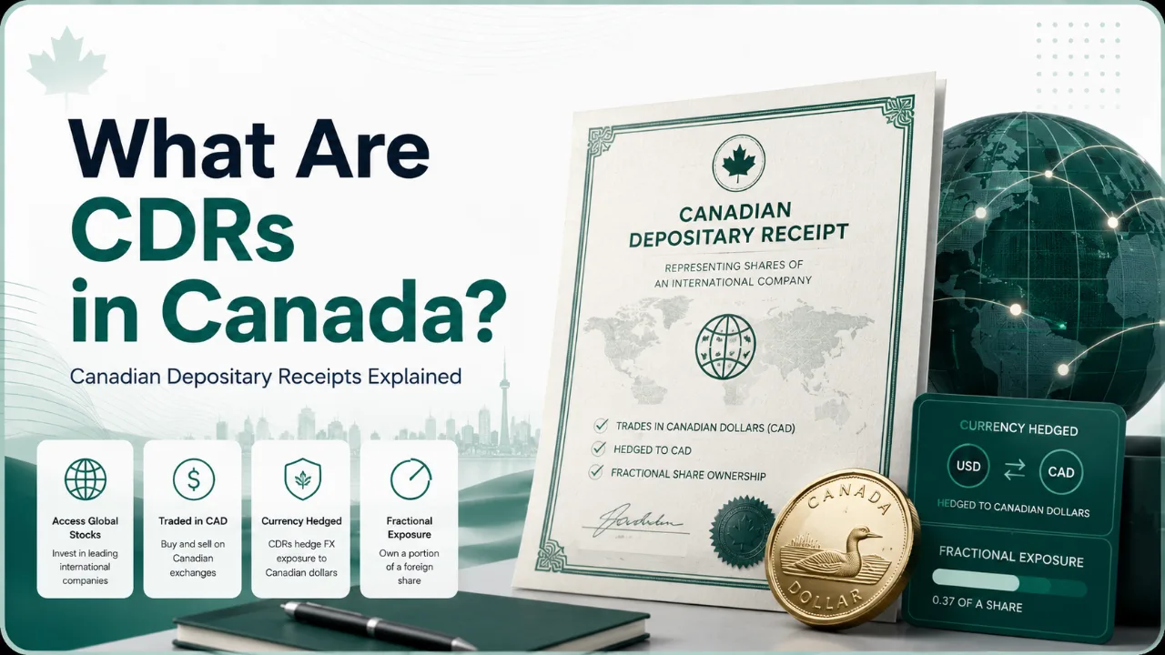 Canadian Depositary Receipts explainer graphic showing a CDR certificate, CAD currency hedging, fractional exposure, and global stock access